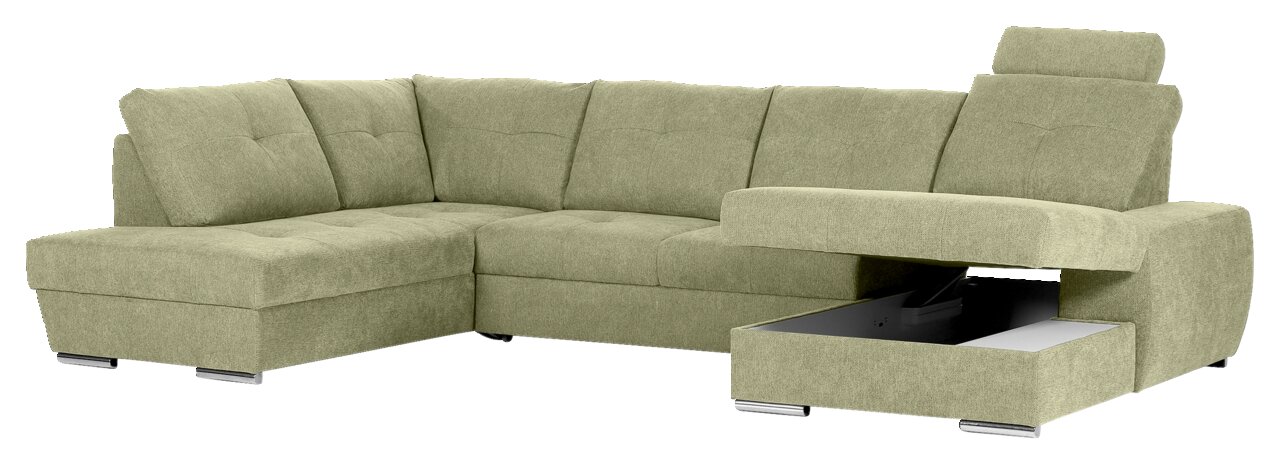 Grüne Ecksofa mit Stauraum, perspektivisch von vorne rechts gesehen.