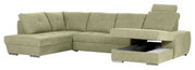 Grüne Ecksofa mit Stauraum, perspektivisch von vorne rechts gesehen.