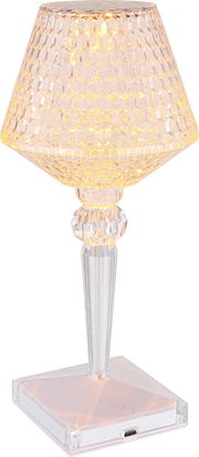 Elegante Akku-Tischleuchte mit facettiertem Schirm und transparentem Standfuß, seitliche Perspektive