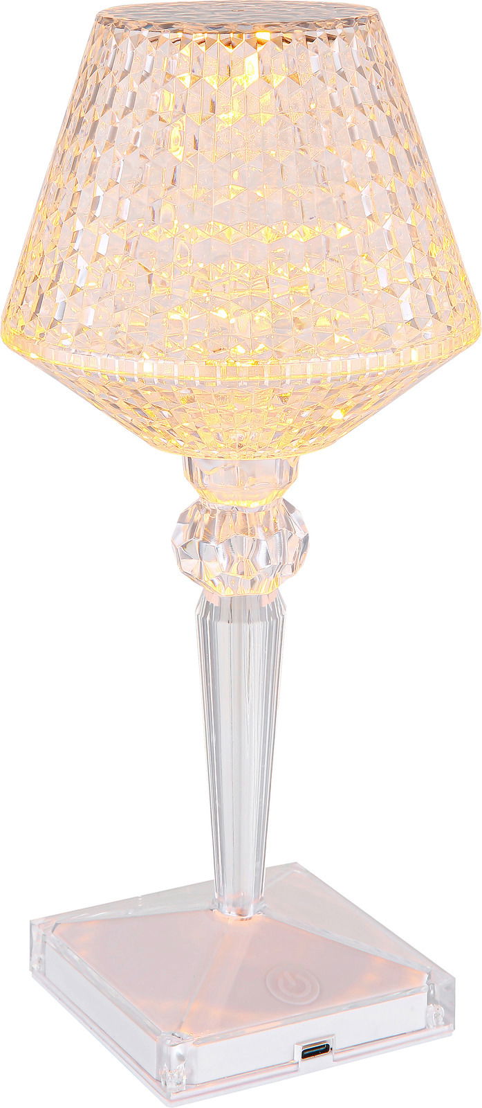 Elegante Akku-Tischleuchte mit facettiertem Schirm und transparentem Standfuß, seitliche Perspektive