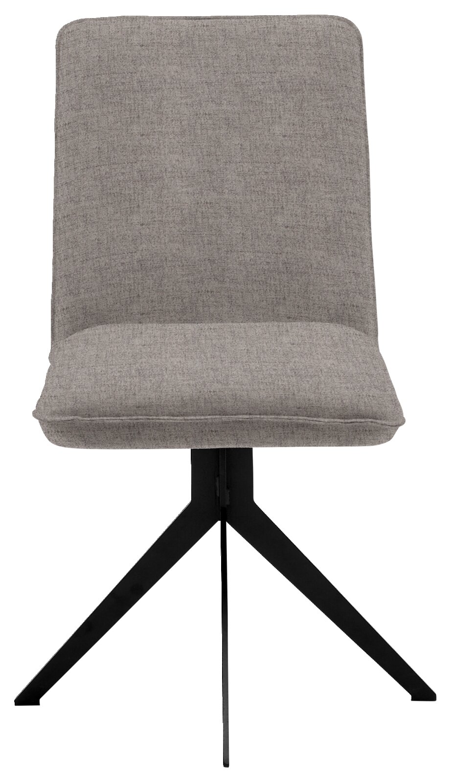Grijze stoel met stoffen bekleding en zwart metalen frame, vooraanzicht
