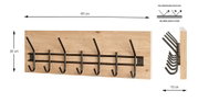 Wandgarderobe mit Holzrückwand und mehreren schwarzen Metallhaken, Maße ca. 60 x 20 cm, Tiefe ca. 10 cm, Frontansicht mit zusätzlicher Seitenansicht