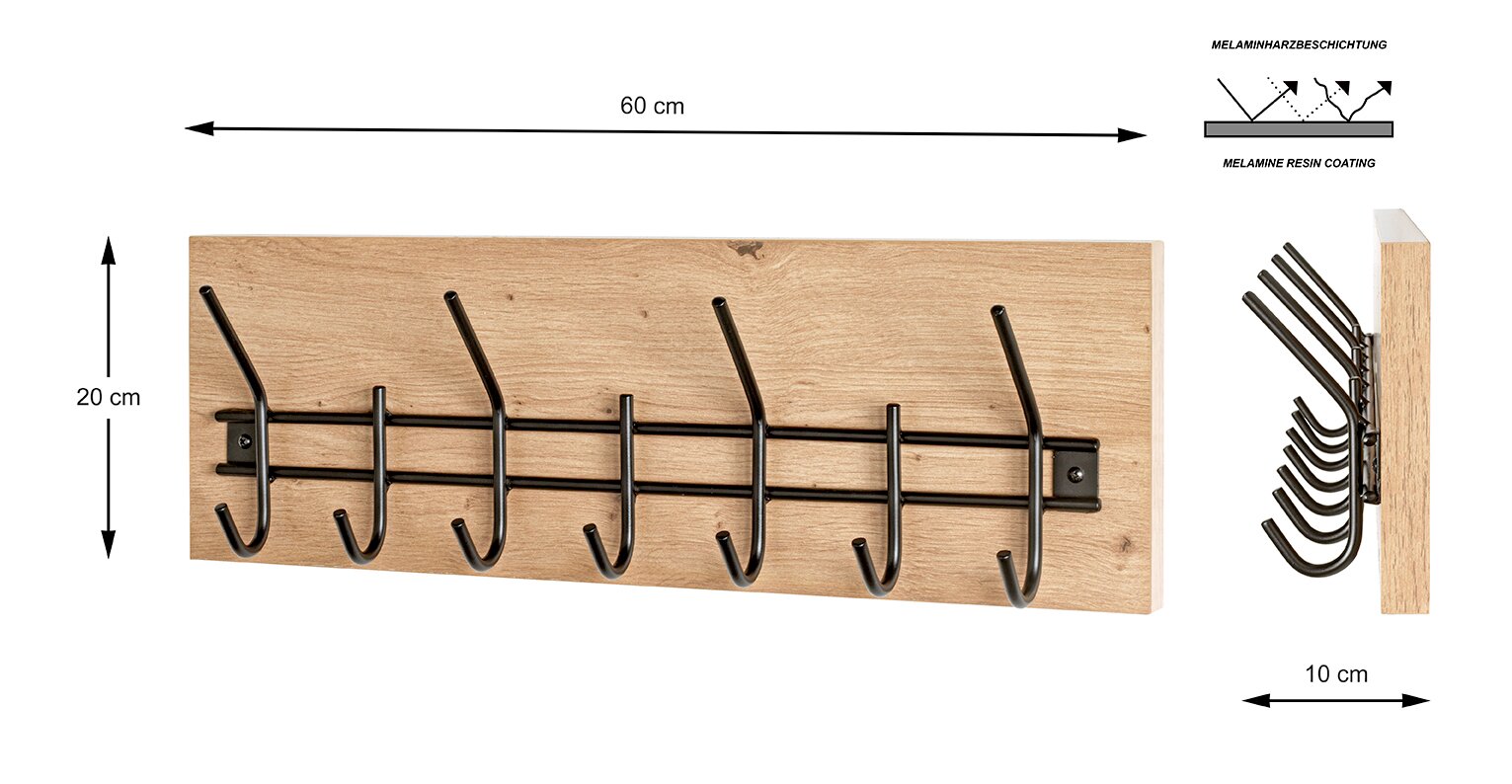 Wandgarderobe mit Holzrückwand und mehreren schwarzen Metallhaken, Maße ca. 60 x 20 cm, Tiefe ca. 10 cm, Frontansicht mit zusätzlicher Seitenansicht