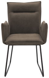 Moderner Sessel mit schwarzem Metallgestell und gepolstertem, olivgrünem Sitz und Rückenlehne, Frontalansicht.