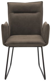 Moderner Sessel mit schwarzem Metallgestell und gepolstertem, olivgrünem Sitz und Rückenlehne, Frontalansicht.