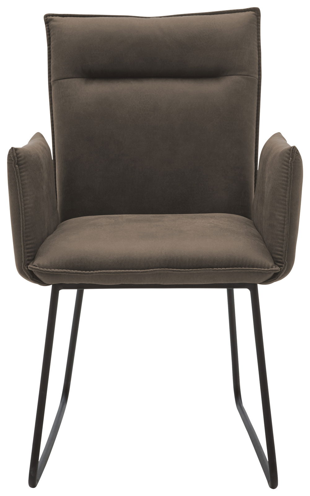 Moderner Sessel mit schwarzem Metallgestell und gepolstertem, olivgrünem Sitz und Rückenlehne, Frontalansicht.