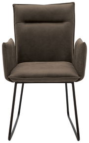 Moderner Sessel mit schwarzem Metallgestell und gepolstertem, olivgrünem Sitz und Rückenlehne, Frontalansicht.