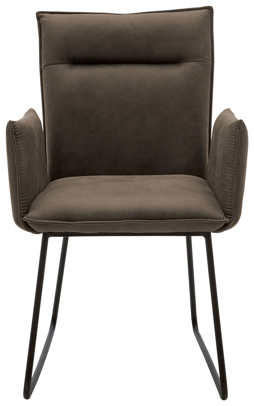 Moderner Sessel mit schwarzem Metallgestell und gepolstertem, olivgrünem Sitz und Rückenlehne, Frontalansicht.