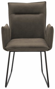 Moderner Sessel mit schwarzem Metallgestell und gepolstertem, olivgrünem Sitz und Rückenlehne, Frontalansicht.