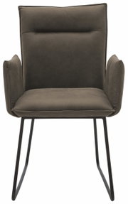 Moderner Sessel mit schwarzem Metallgestell und gepolstertem, olivgrünem Sitz und Rückenlehne, Frontalansicht.