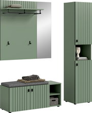 Modernes grünes Garderoben-Set mit Wandpaneel, Spiegel, Ablage und Haken sowie passender Sitzbank und hohem Schrank mit offenen Fächern und schwarzen Griffen, gezeigt in Front- und leichter Seitenansicht.