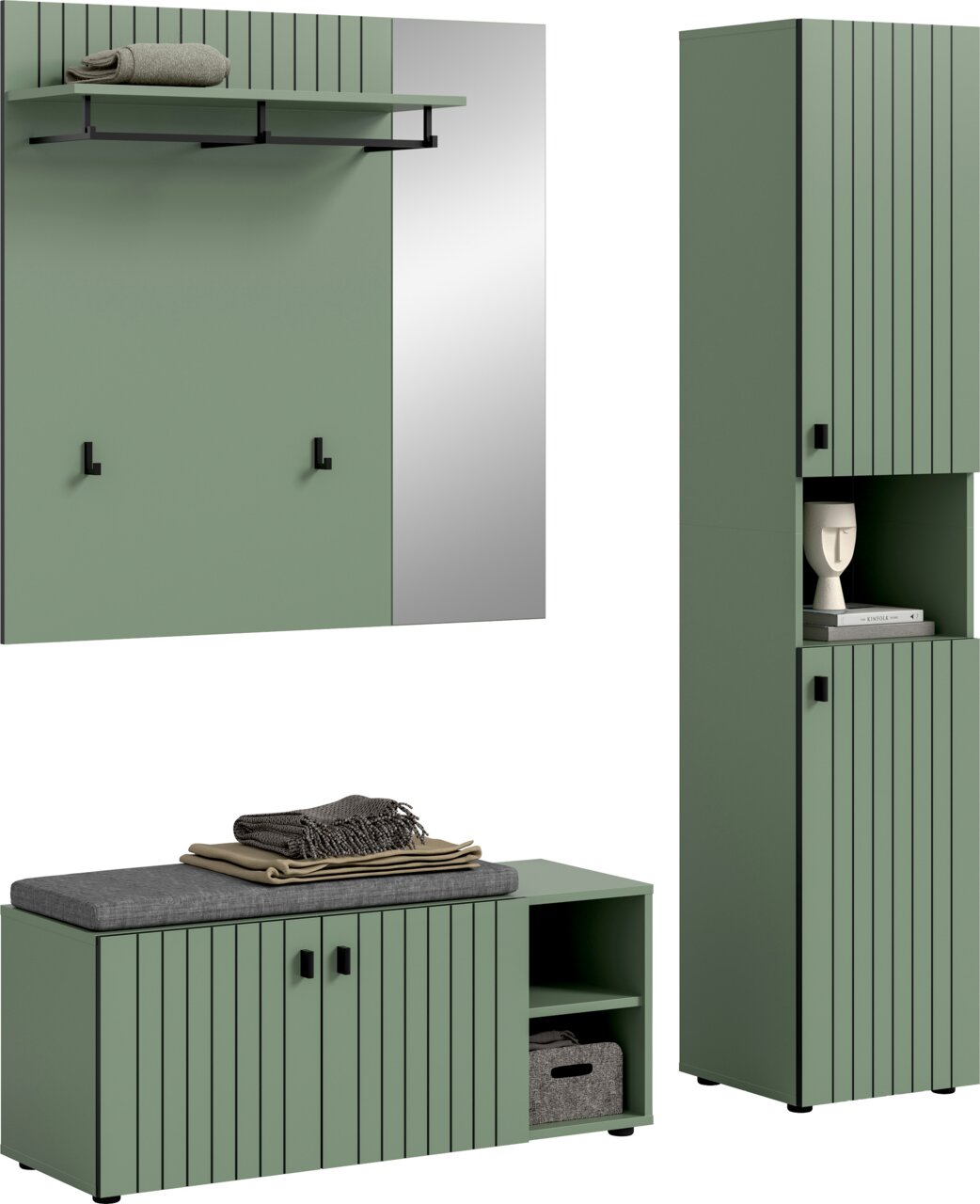 MID.YOU Garderobenkombination STATION Modernes grünes Garderoben-Set mit Wandpaneel, Spiegel, Ablage und Haken sowie passender Sitzbank und hohem Schrank mit offenen Fächern und schwarzen Griffen, gezeigt in Front- und leichter Seitenansicht.