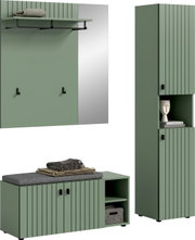 Modernes grünes Garderoben-Set mit Wandpaneel, Spiegel, Ablage und Haken sowie passender Sitzbank und hohem Schrank mit offenen Fächern und schwarzen Griffen, gezeigt in Front- und leichter Seitenansicht.