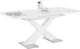 Moderner weißer Funktions-Esstisch mit X-förmigem Gestell, seitliche Perspektive