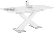 Moderner weißer Funktions-Esstisch mit X-förmigem Gestell, seitliche Perspektive