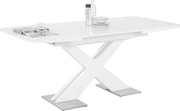 Moderner weißer Funktions-Esstisch mit X-förmigem Gestell, seitliche Perspektive