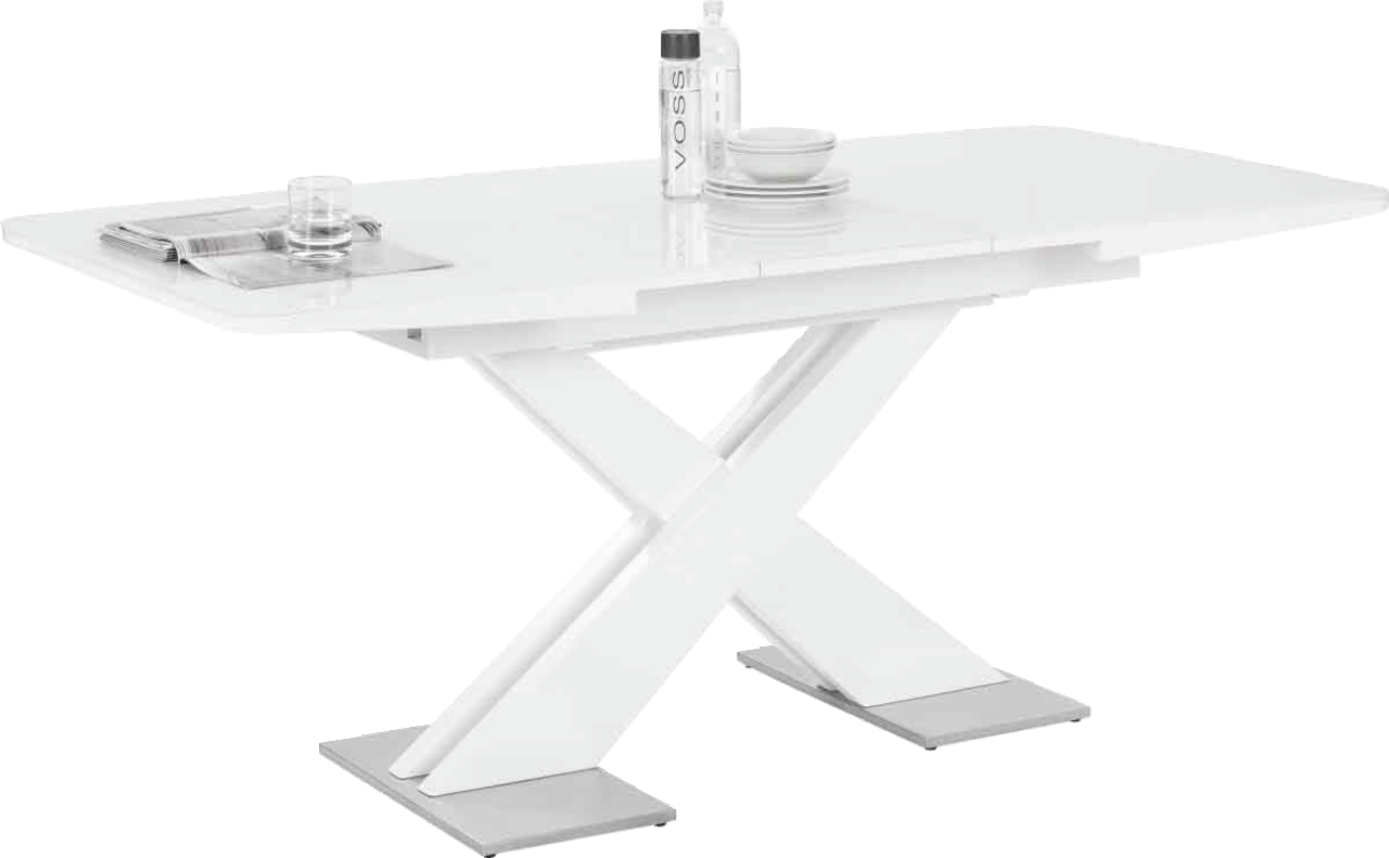 Moderner weißer Funktions-Esstisch mit X-förmigem Gestell, seitliche Perspektive