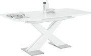 Moderner weißer Funktions-Esstisch mit X-förmigem Gestell, seitliche Perspektive