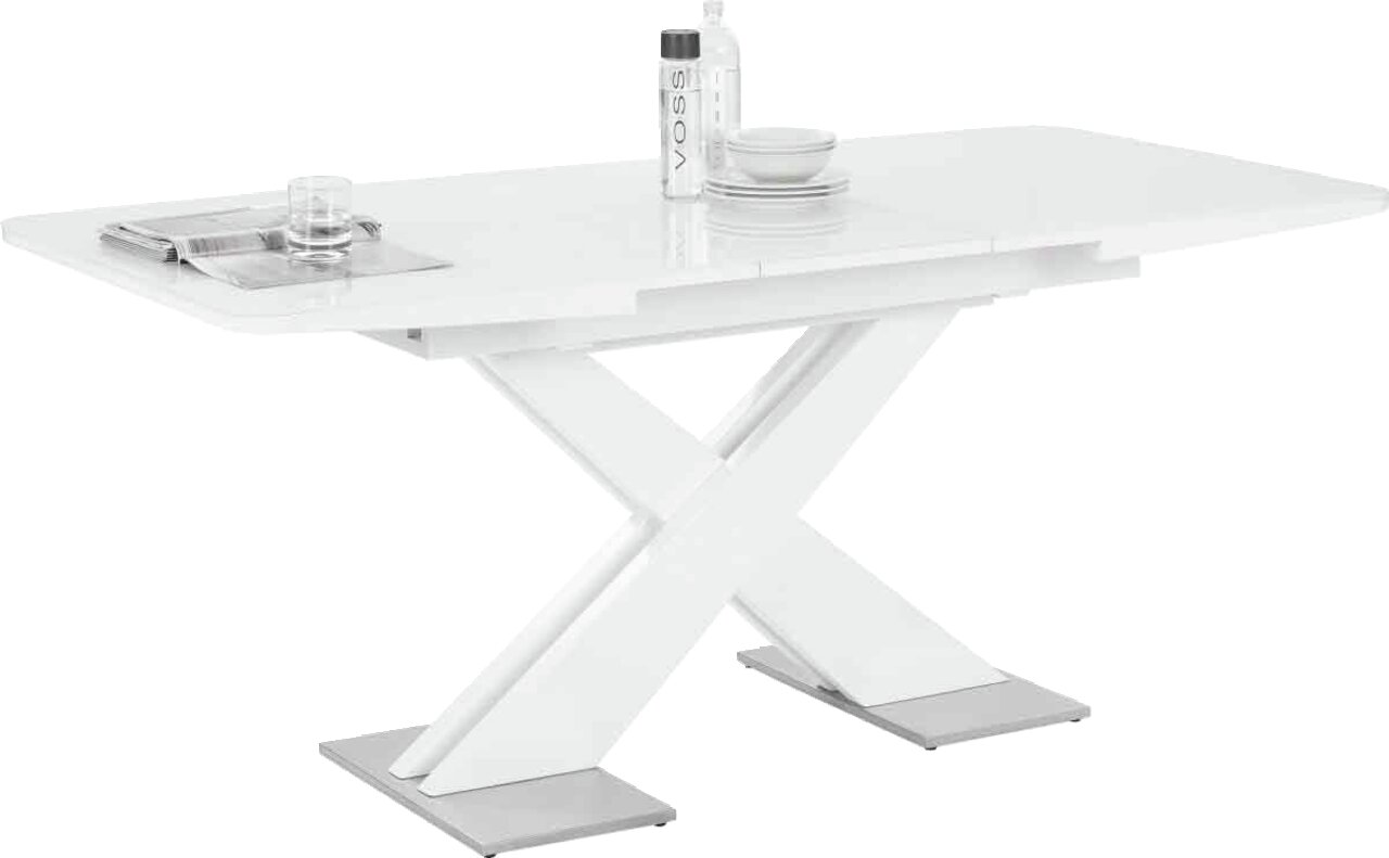 Moderner weißer Funktions-Esstisch mit X-förmigem Gestell, seitliche Perspektive