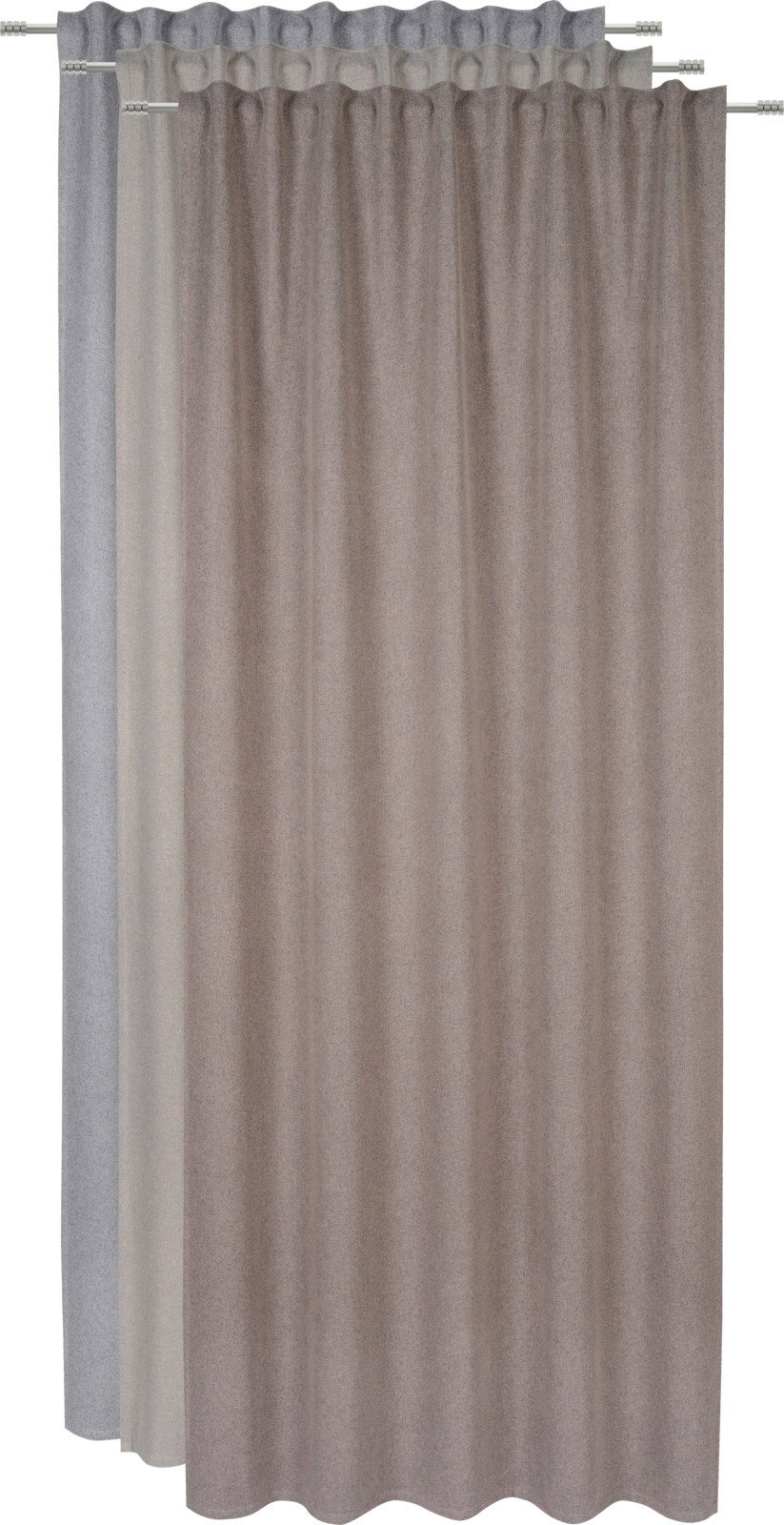 Fertigvorhang in neutralen Tönen, frontal fotografiert, mit gleichmäßigen Falten und Ösen zur Befestigung.