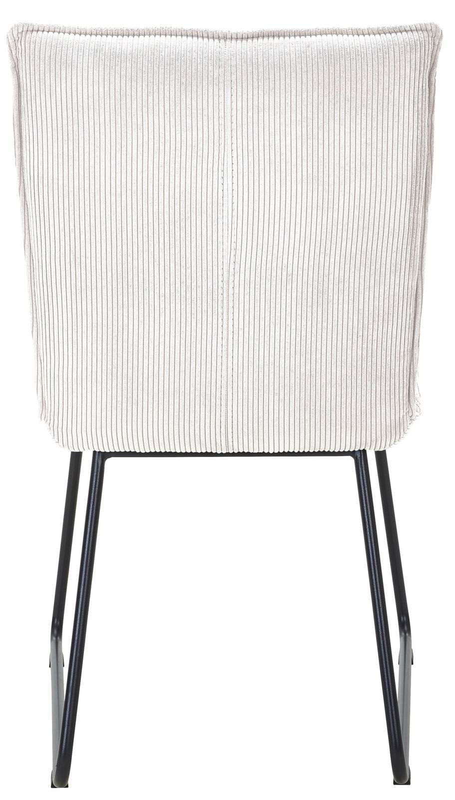 Rückansicht eines modernen Stuhls mit gestreifter Polsterung und schlanken Metallbeinen.