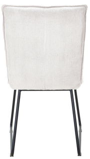 Rückansicht eines modernen Stuhls mit gestreifter Polsterung und schlanken Metallbeinen.