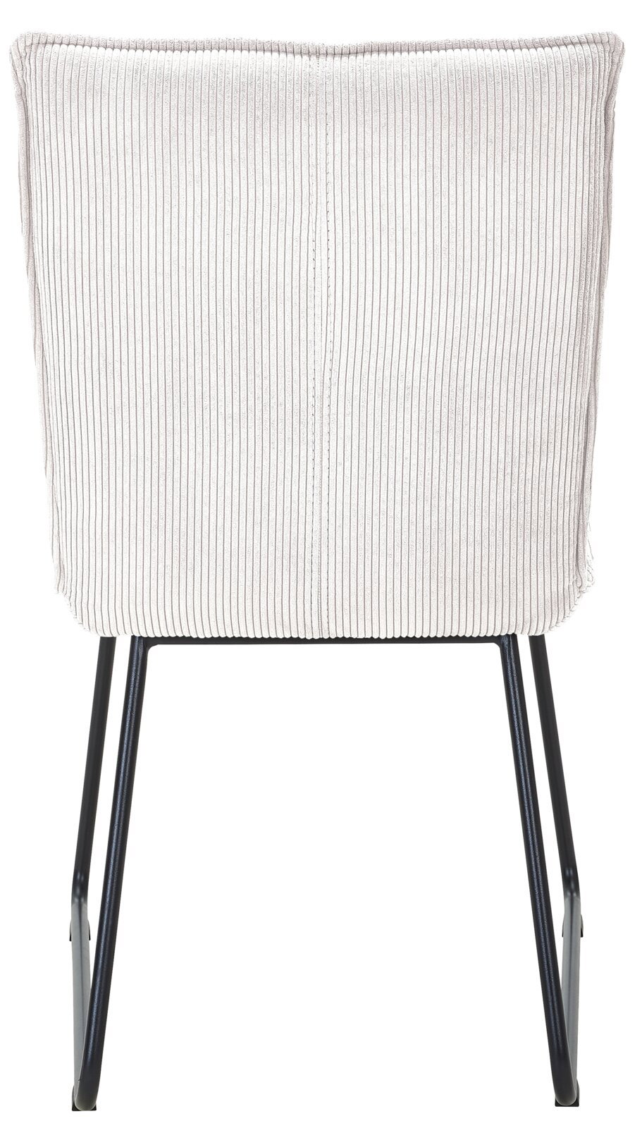 Rückansicht eines modernen Stuhls mit gestreifter Polsterung und schlanken Metallbeinen.