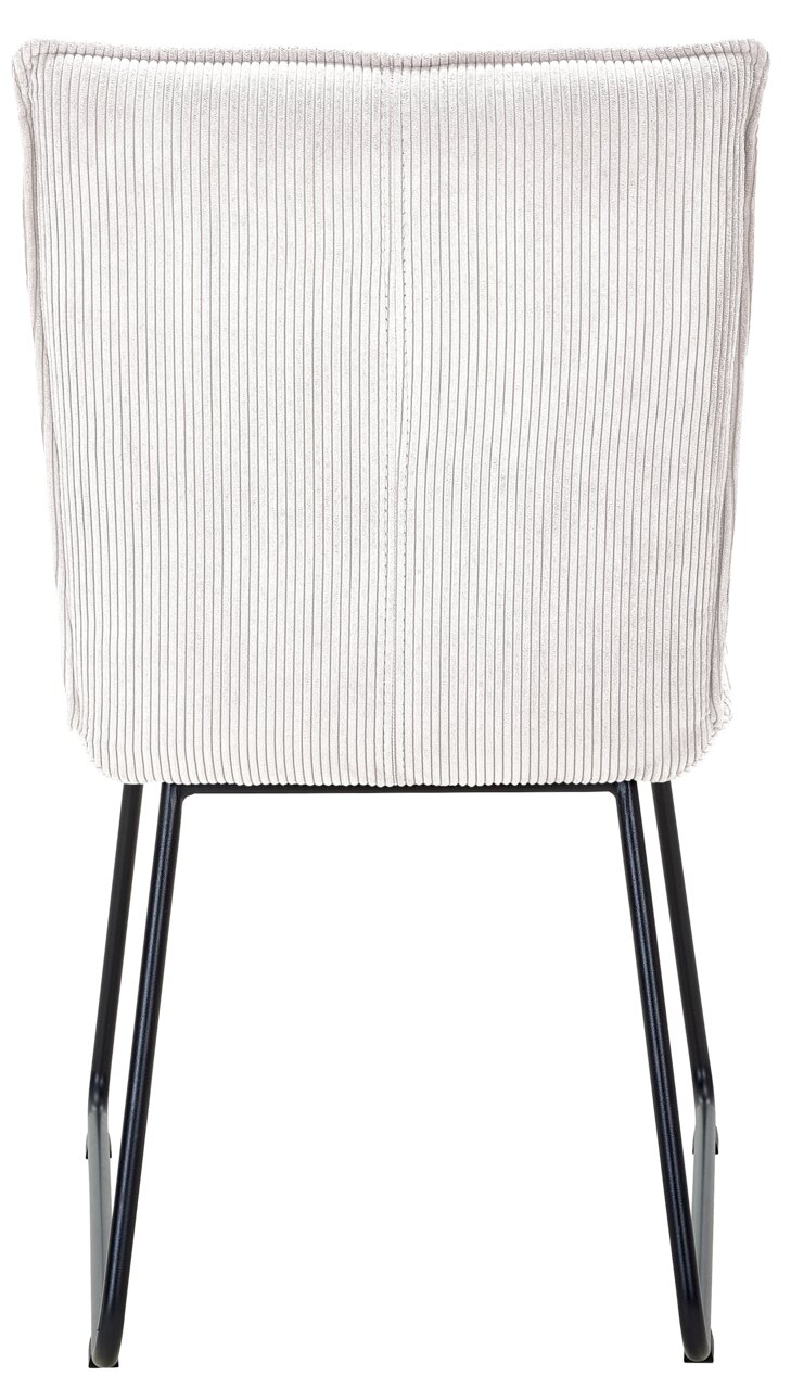 Johann Jakob Stuhl CALAS Rückansicht eines modernen Stuhls mit gestreifter Polsterung und schlanken Metallbeinen.