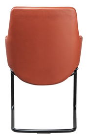 Rückansicht eines Sessels mit orangefarbenem Bezug und schwarzem Metallgestell.