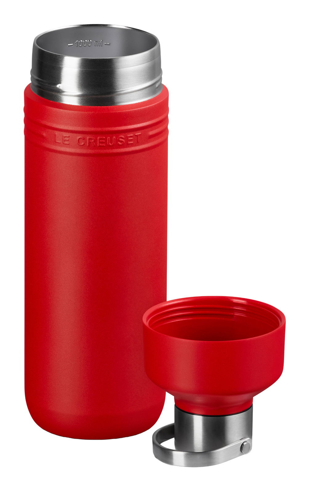 Rote 1L Trinkflasche mit abgenommenem Deckel, seitliche Perspektive