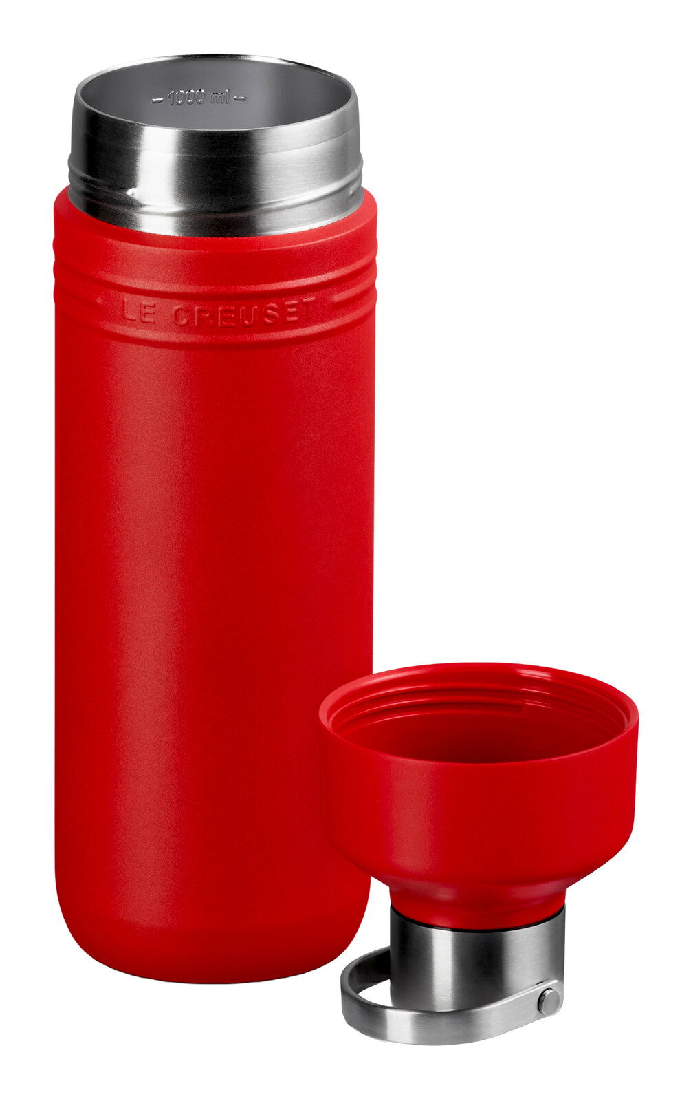 Rote 1L Trinkflasche mit abgenommenem Deckel, seitliche Perspektive