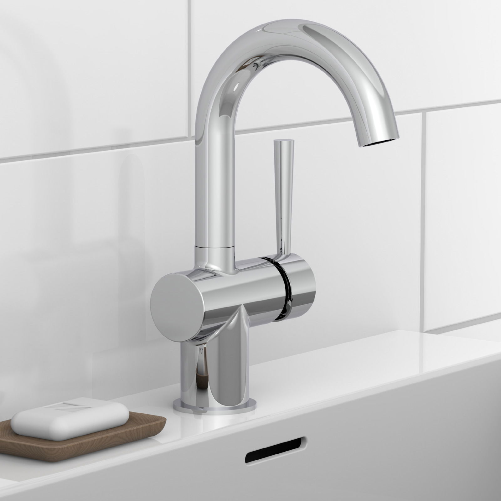 Moderne Waschtischarmatur aus Chrom in seitlicher Perspektive