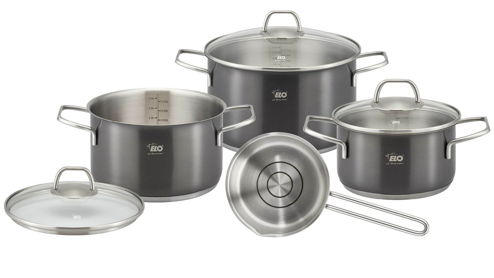 ELO Kochtopfset aus Edelstahl, bestehend aus vier Teilen, in einer frontalen Ansicht.