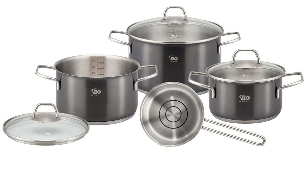 ELO Kochtopfset aus Edelstahl, bestehend aus vier Teilen, in einer frontalen Ansicht.