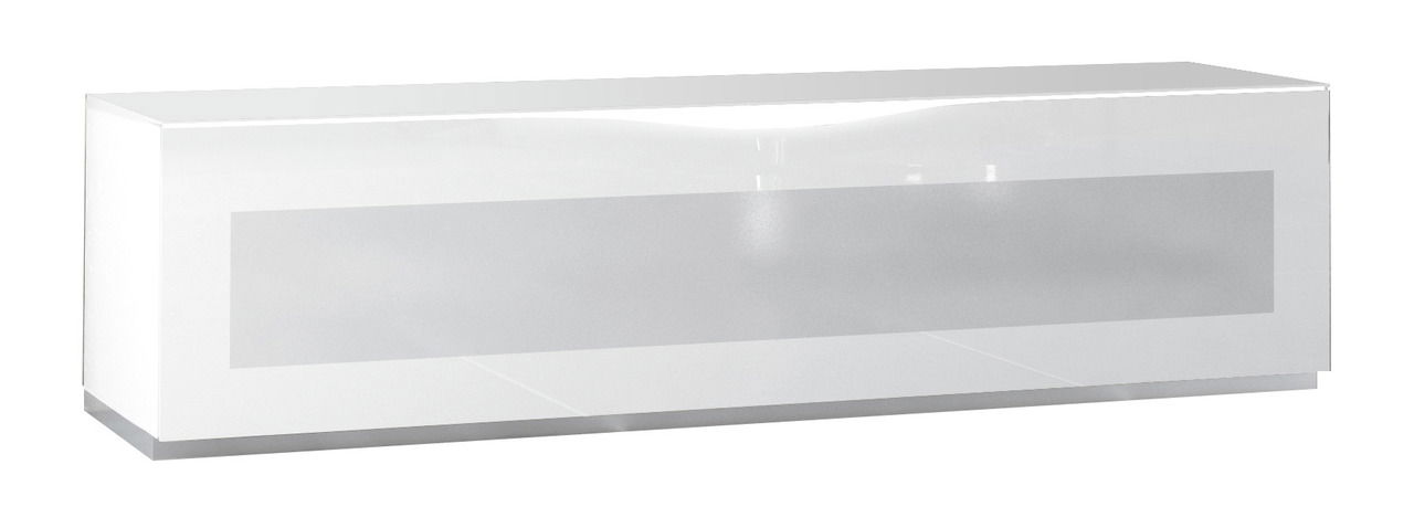 Weißes TV-Lowboard mit glänzender Oberfläche, seitliche Perspektive