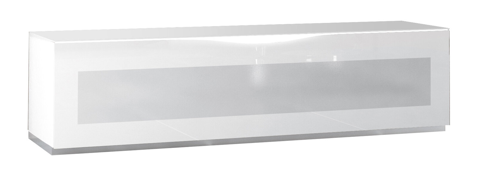 Weißes TV-Lowboard mit glänzender Oberfläche, seitliche Perspektive