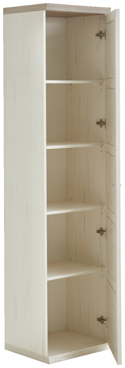 Schmaler Aktenschrank mit fünf offenen Fächern, aus hellem Holz, mit geöffneter Tür, seitliche Perspektive.