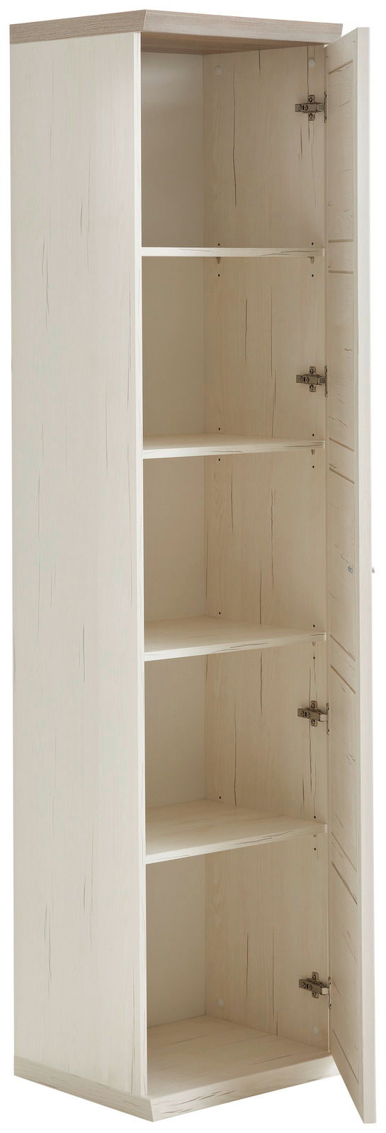 Schmaler Aktenschrank mit fünf offenen Fächern, aus hellem Holz, mit geöffneter Tür, seitliche Perspektive.