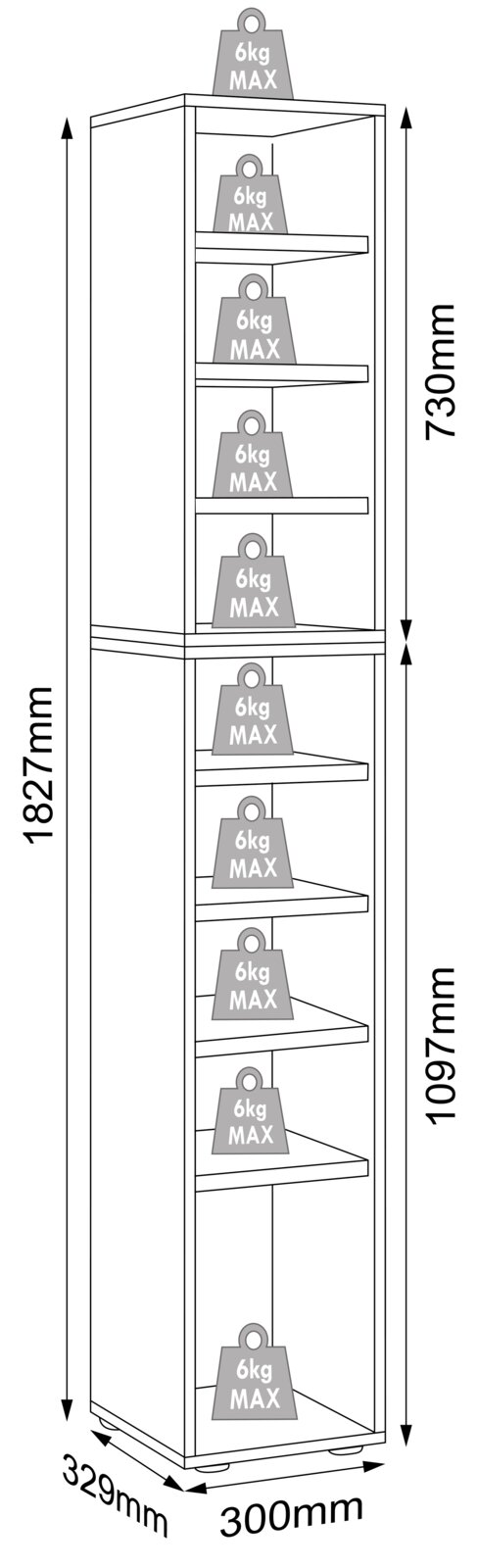 Technische Zeichnung eines hohen, schmalen Eckregals mit mehreren dreieckigen Ablageböden (je 6 kg max), Gesamtmaße ca. 1827 mm hoch, 300 mm breit und 329 mm tief, dargestellt in leichter Schrägansicht von vorne links.
