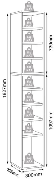 Technische Zeichnung eines hohen, schmalen Eckregals mit mehreren dreieckigen Ablageböden (je 6 kg max), Gesamtmaße ca. 1827 mm hoch, 300 mm breit und 329 mm tief, dargestellt in leichter Schrägansicht von vorne links.