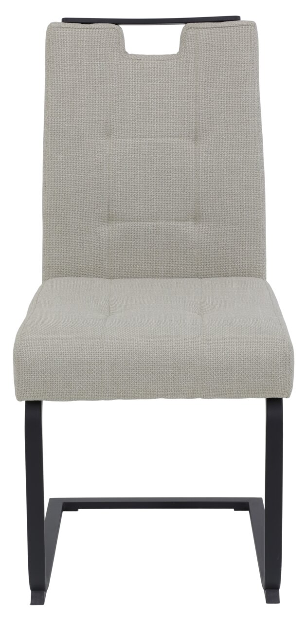 Moderne schommelstoel in beige met een zwart metalen frame, vooraanzicht