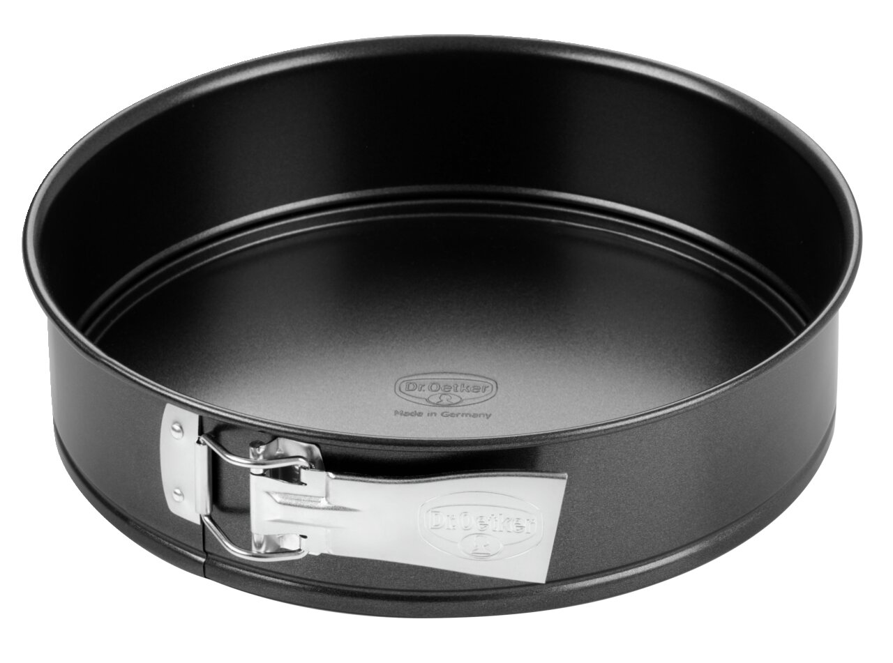 Zwarte springvorm van 26 cm met zilveren sluiting, bovenaanzicht