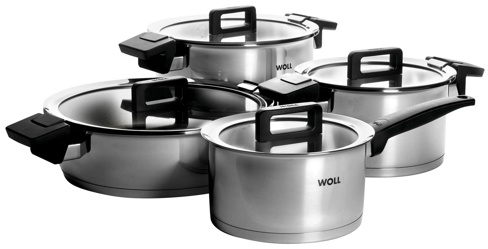 Topfset 8-teilig aus Edelstahl mit Glasdeckeln, seitliche Perspektive