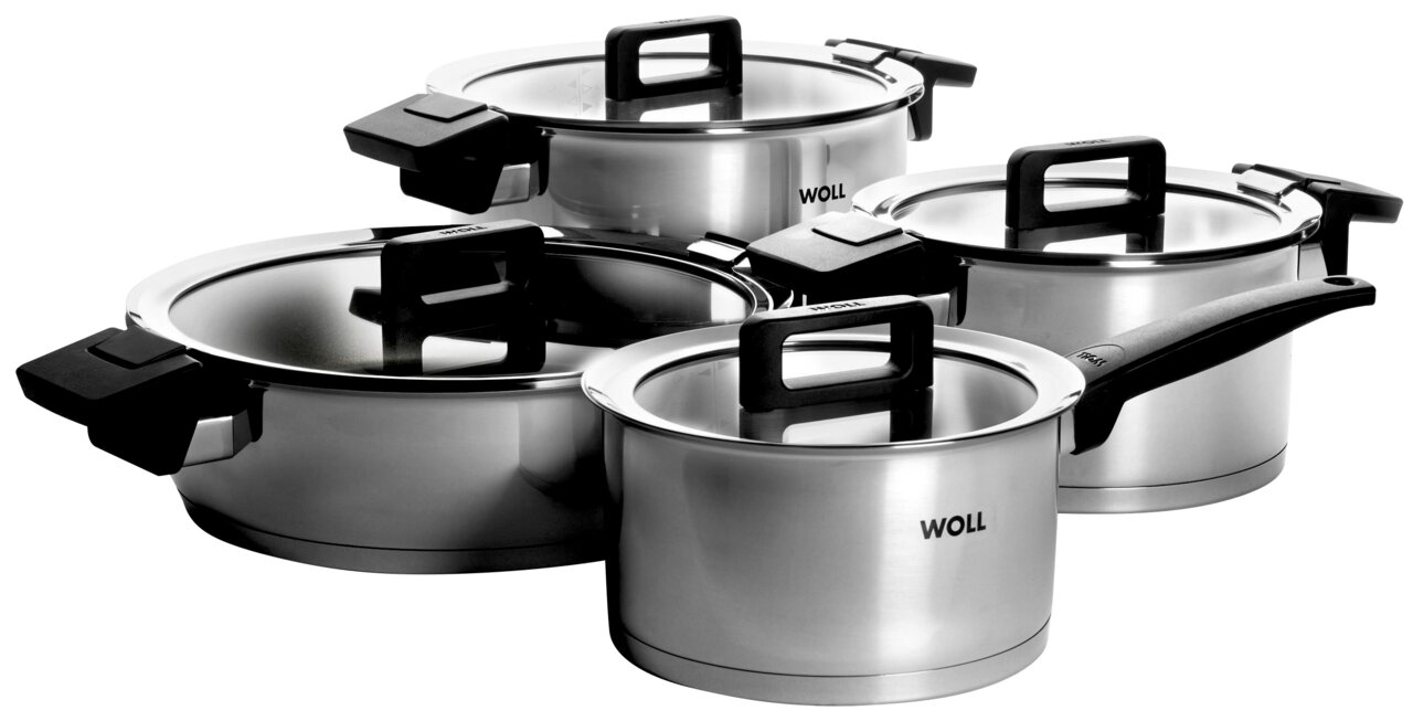 Topfset 8-teilig aus Edelstahl mit Glasdeckeln, seitliche Perspektive