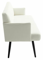 Seitliche Ansicht eines modernen weißen Sofas mit schwarzen Beinen.