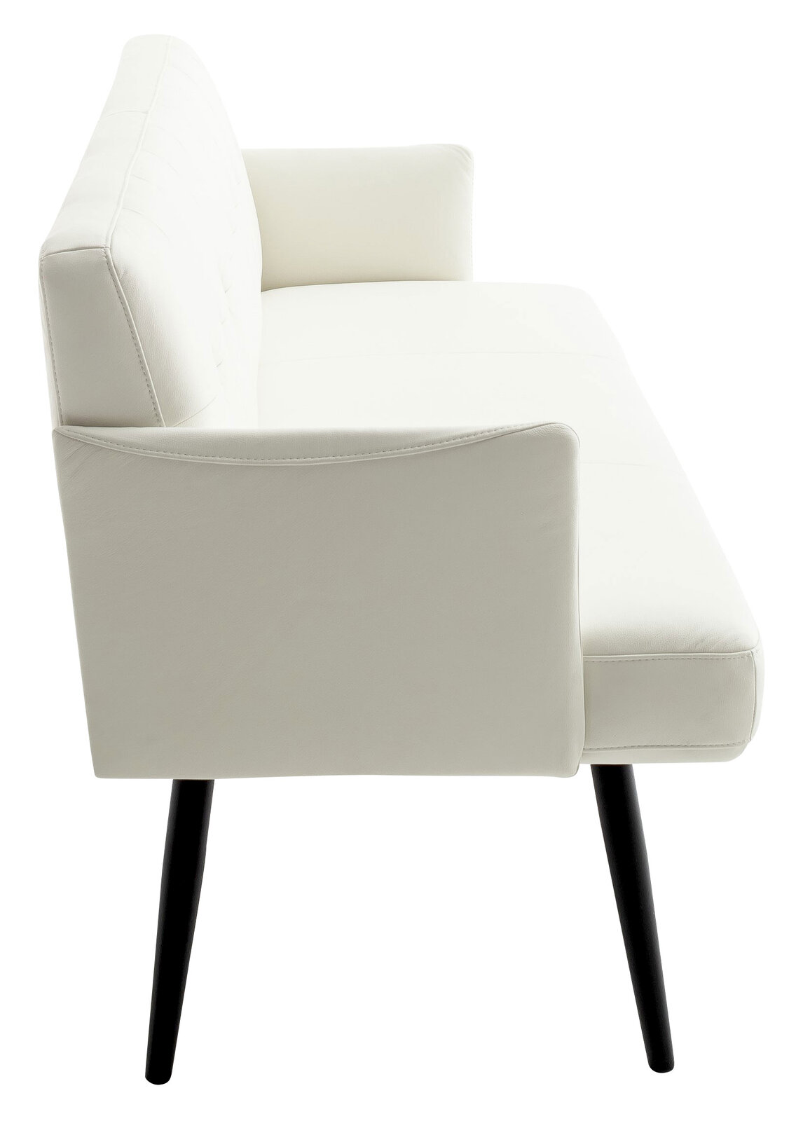 Seitliche Ansicht eines modernen weißen Sofas mit schwarzen Beinen.