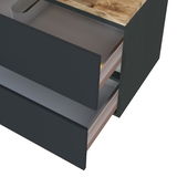 Waschtisch-Set mit zwei offenen Schubladen, dunklem Korpus und Holzoberfläche, seitliche Perspektive