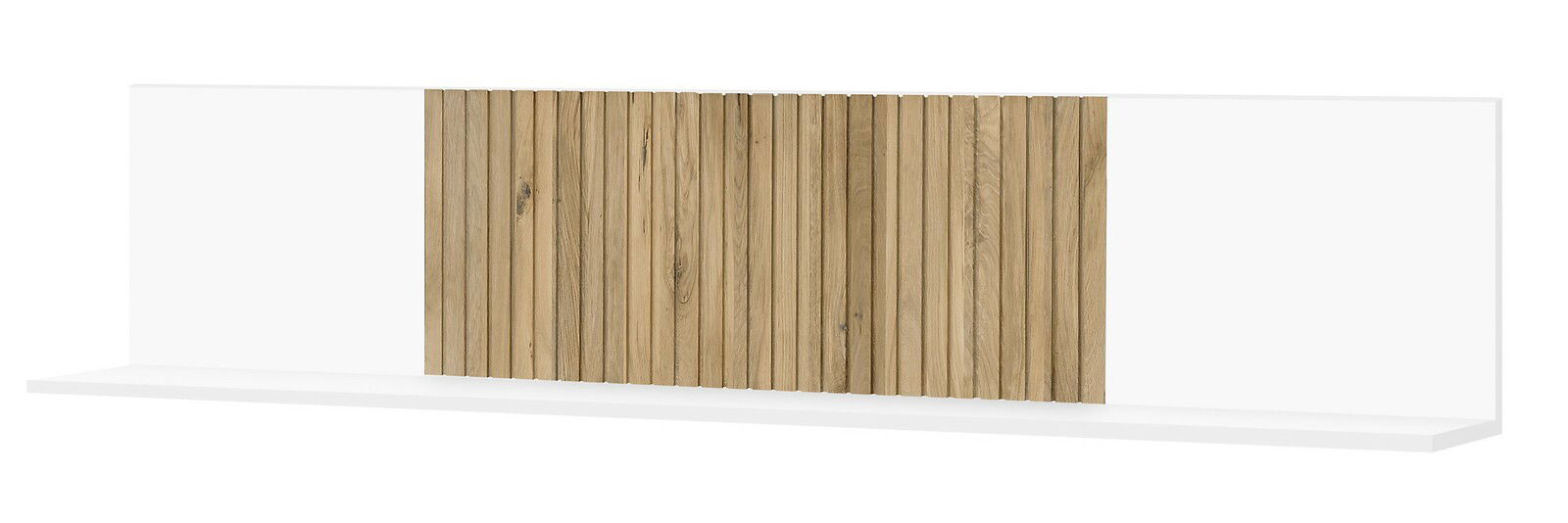 Wandboard mit weißem Regalboden und vertikalen Holzpaneelen in der Mitte, Frontalansicht