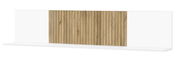 Wandboard mit weißem Regalboden und vertikalen Holzpaneelen in der Mitte, Frontalansicht