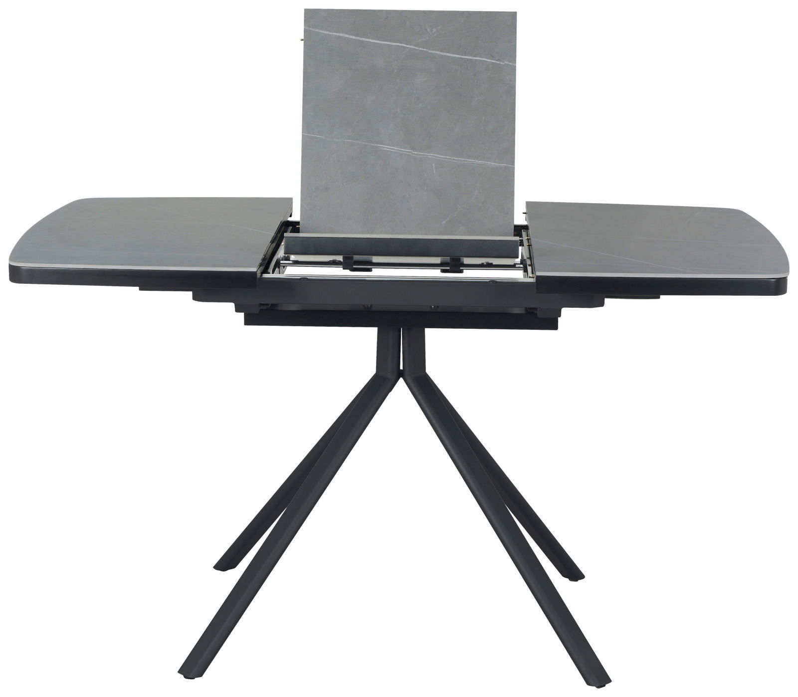 Moderner Esstisch mit ausziehbarer Platte, frontal betrachtet.